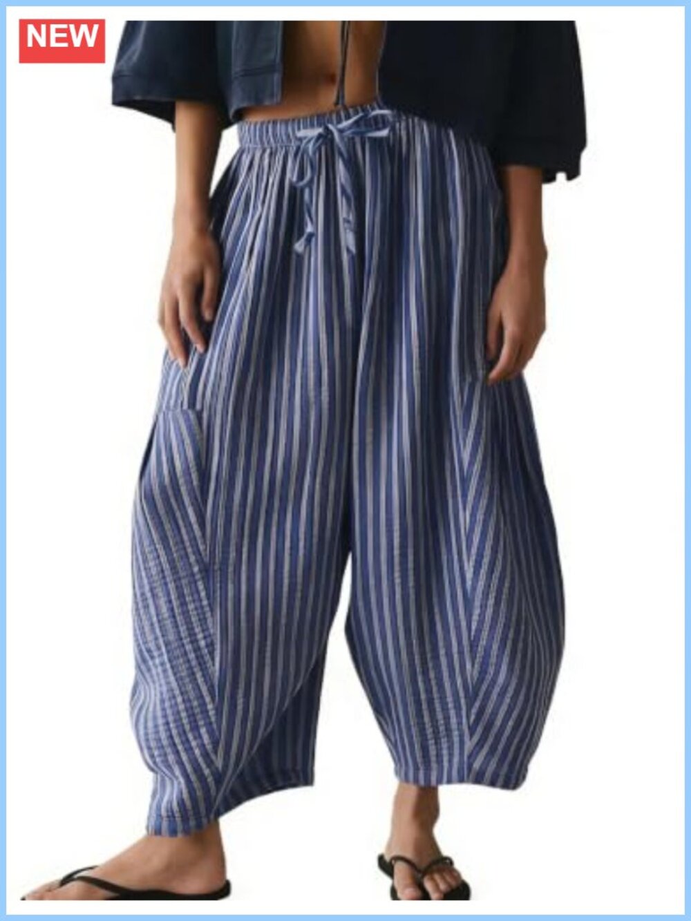 Women Striped Harem Pants Cotton Wide Leg Drawstring Casual Trousers